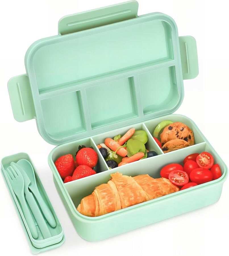 Broodtrommel met vakken voor kinderen en volwassenen 1300 ml lunchbox voor kinderen lekvrij met 4 vakken bentobox ontbijtbox snackbox voor jongens en meisjes groen