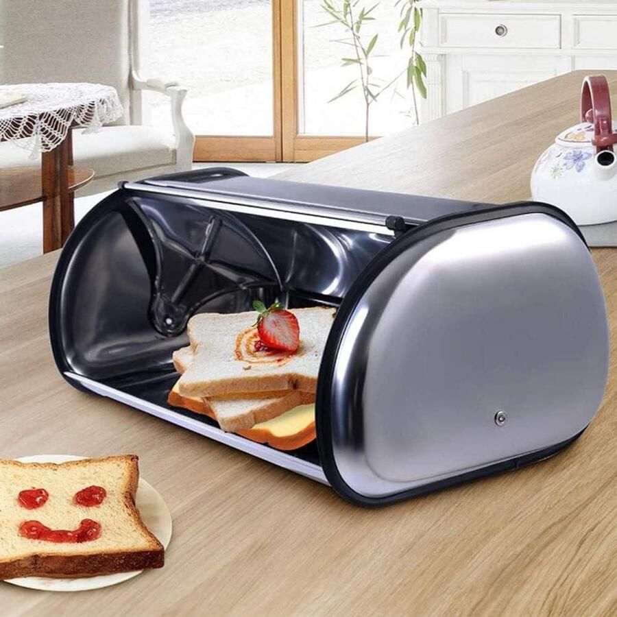 Broodtrommel Metaal Brood opbergdoos Brood Vers Houden Schuifdeksel Ventilatie 44 x 27 x 18 cm Zilver