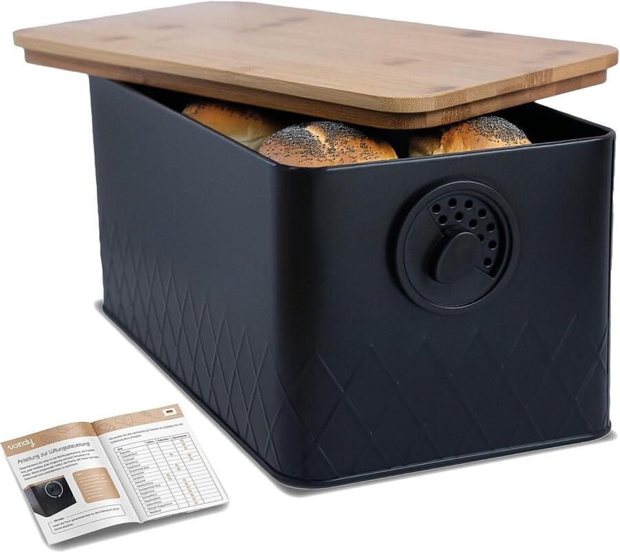 Broodtrommel Metaal Broodbox Bamboe Brood Vers Houden Verstelbare Ventilatie 33 x 18 x 16 cm Zwart