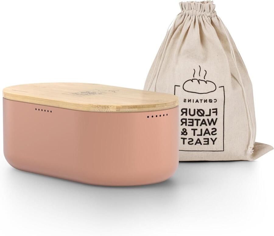 Broodtrommel Metaal Brooddoos Opbergdoos Brood Vers Houden Met Bamboe Snijplank Deksel 36x19x13 cm Blush Rose