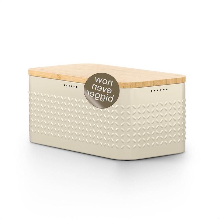 Broodtrommel Metaal Keuken Opberger Brood Vers Houden Bamboe Snijplank Deksel 34.5x18.5x15.7cm Zandsteen Beige