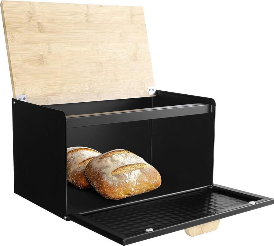 Broodtrommel Metaal Keukenopberger Brood Vers Houden Dubbele Opening 35.5 x 19.5 x 21.5 cm Zwart