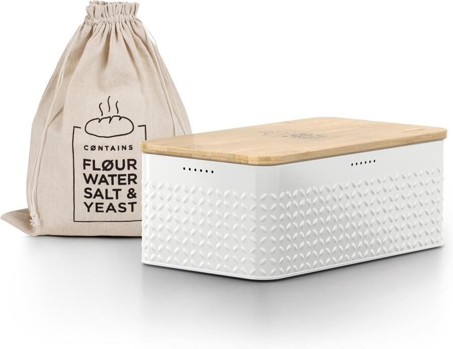 Broodtrommel Metaal met Bamboe Snijplank Deksel en Linnen Broodzak