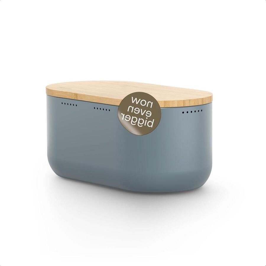Broodtrommel Metalen broodbox Brood vers houden Bamboe deksel snijplank 345 cm breed Stone Blue