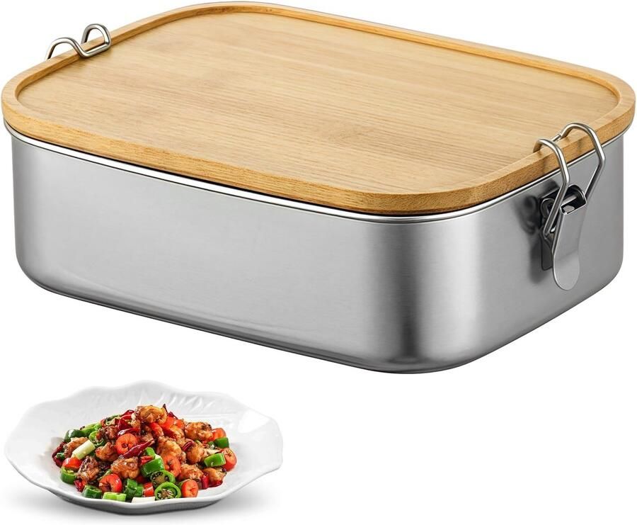Broodtrommel roestvrij staal 1200 ml: lunchbox volwassenen kinderen lunchbox met houten deksel lekvrij lunchbox bento BPA-vrij Bento Box ontbijtbox voor school uitstapjes picknick werk