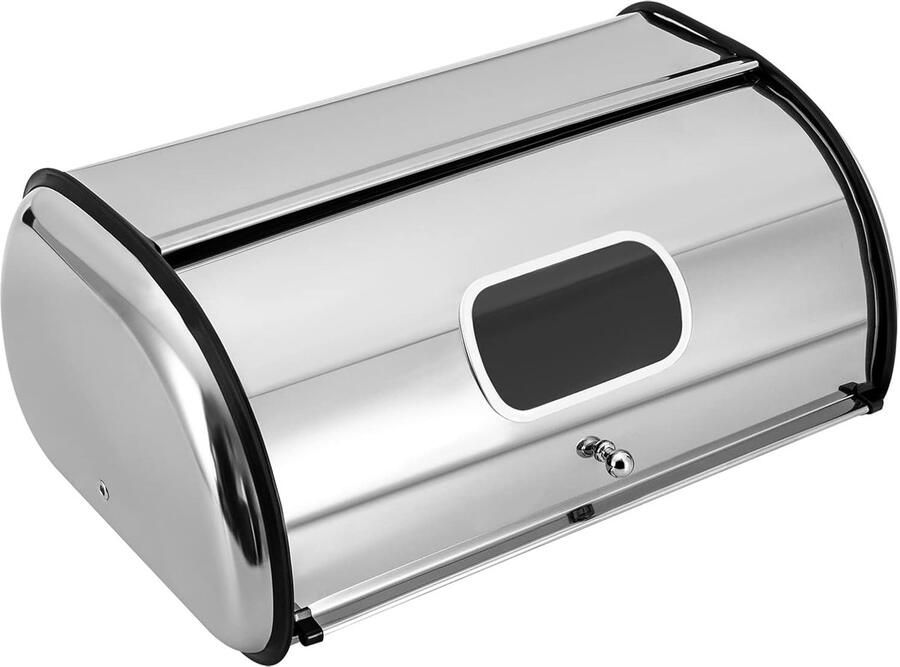 Broodtrommel Roestvrij Staal Metalen Broodbak Keuken Opbergen Met Roldeksel Venster 43.5x27x18 cm Zilver