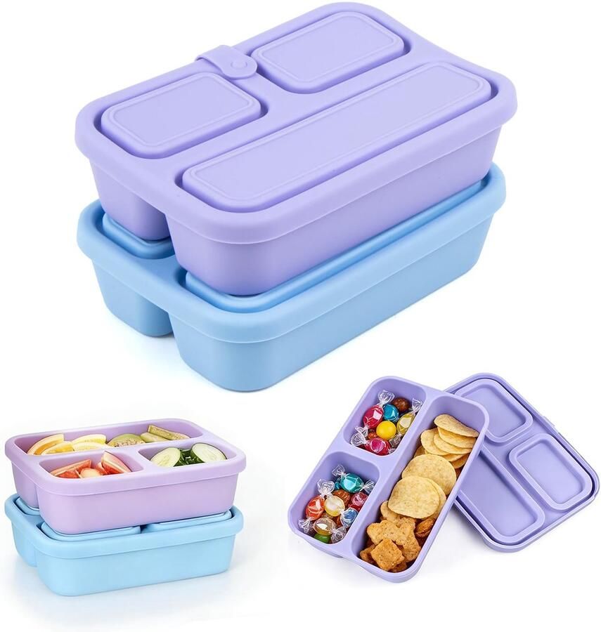 Broodtrommel snack box 2 stuks Bento Box met 3 vakken kleine lunchbox van siliconen herbruikbaar draagbare broodtrommel voor fruit specerijen koekjes groenten