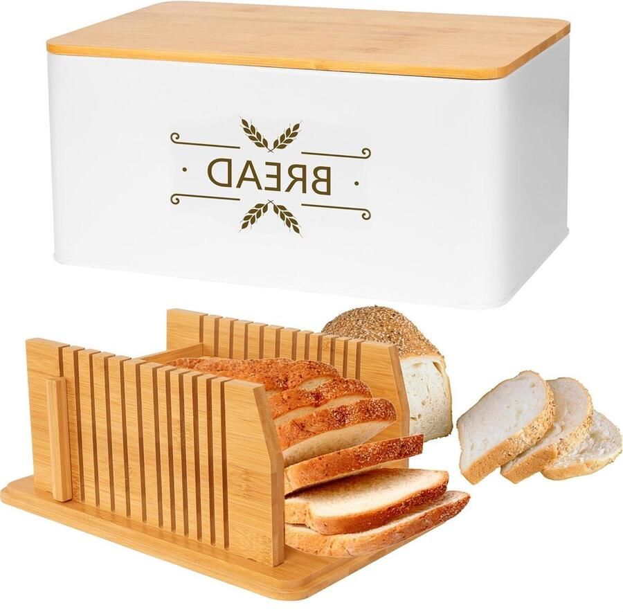 Broodtrommel Snijmachine Broodhouder Container Brood Vers Houden 3-in-1 Bamboe Deksel 327 cm Wit