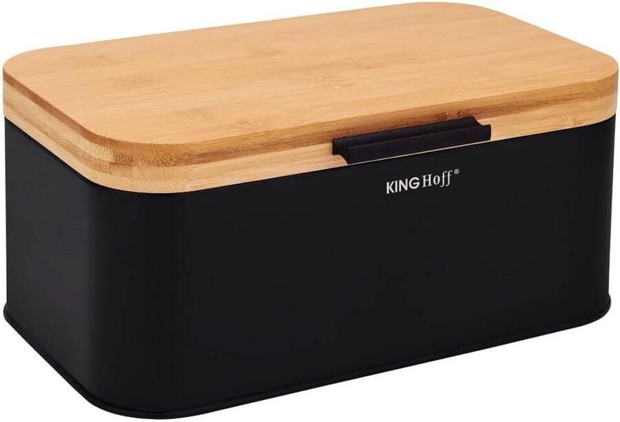 Broodtrommel Staal Brooddoos Keuken Brood Bewaren Bamboe Deksel 30 cm Breed Zwart