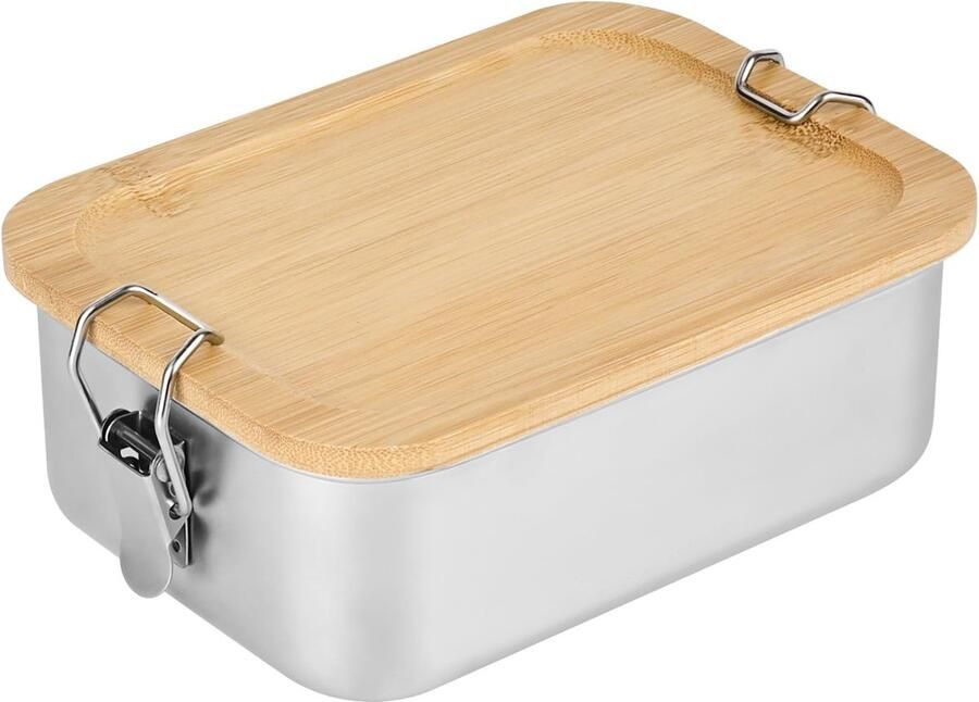 Broodtrommel van 850 ml roestvrij staal lunchbox voor volwassenen en kinderen kleine lunchbox metaal met houten deksel BPA-vrij bentobox ontbijtbox brooddoos voor school uitstapjes