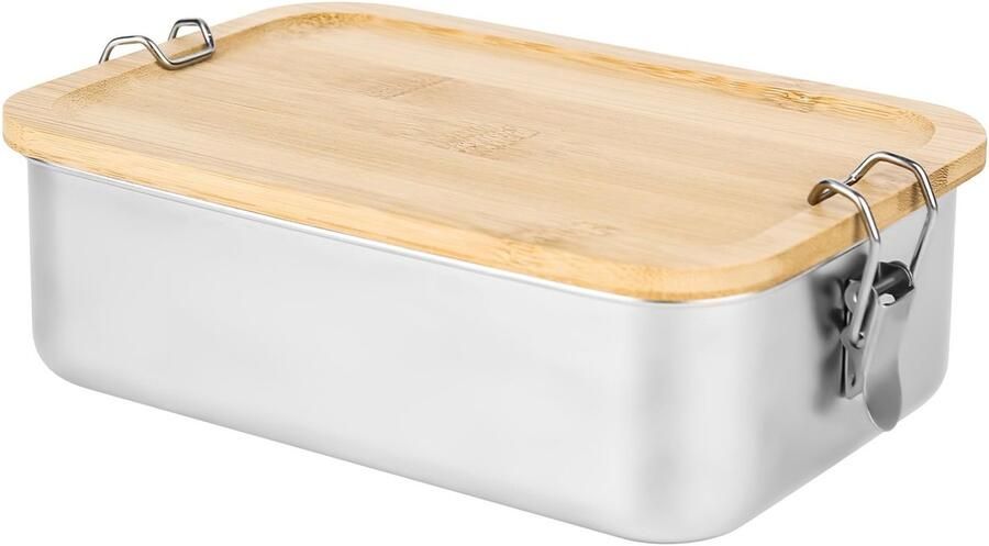 Broodtrommel van roestvrij staal lunchbox voor volwassenen en kinderen 1400 ml broodtrommel van metaal met houten deksel BPA-vrij bentobox ontbijtbox brooddoos voor school uitstapjes en
