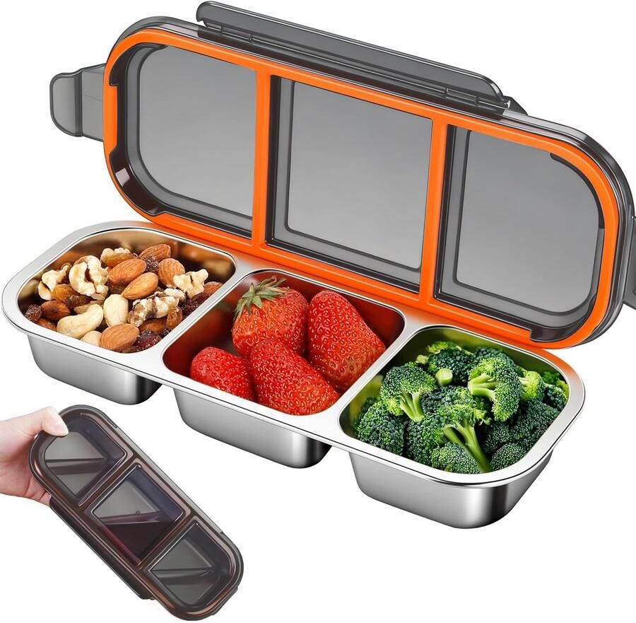 Broodtrommel van roestvrij staal voor kinderen met 3 vakken 26 2 x 10 3 x 4 cm snackbox bento box roestvrij staal broodtrommel van metaal met deksel lekvrij voor school kantoor