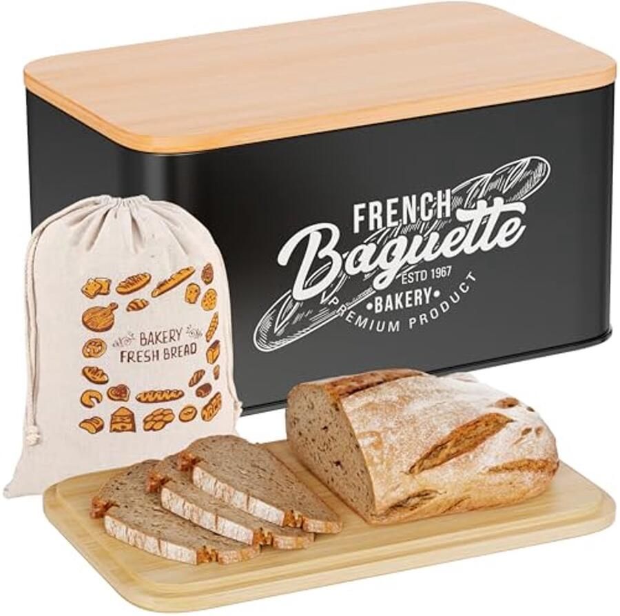 Broodtrommel Vintage 'French Baguette' Metaal & Bamboe 30 x 18 x 13 7 cm Voor Stokbrood en Beschuit
