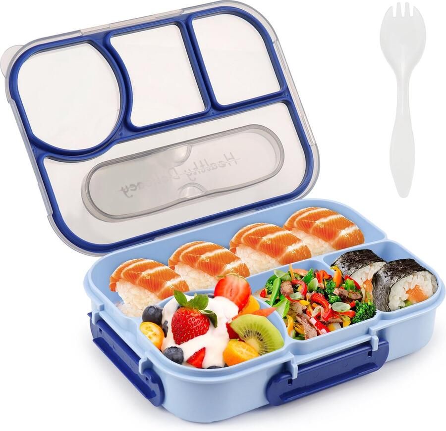 Broodtrommel voor kinderen lunchbox met 4 vakken snackbox ontbijtbox etensbox brooddoos lunchbox blauwe broodtrommel voor volwassenen kinderen school werk reizen potluck