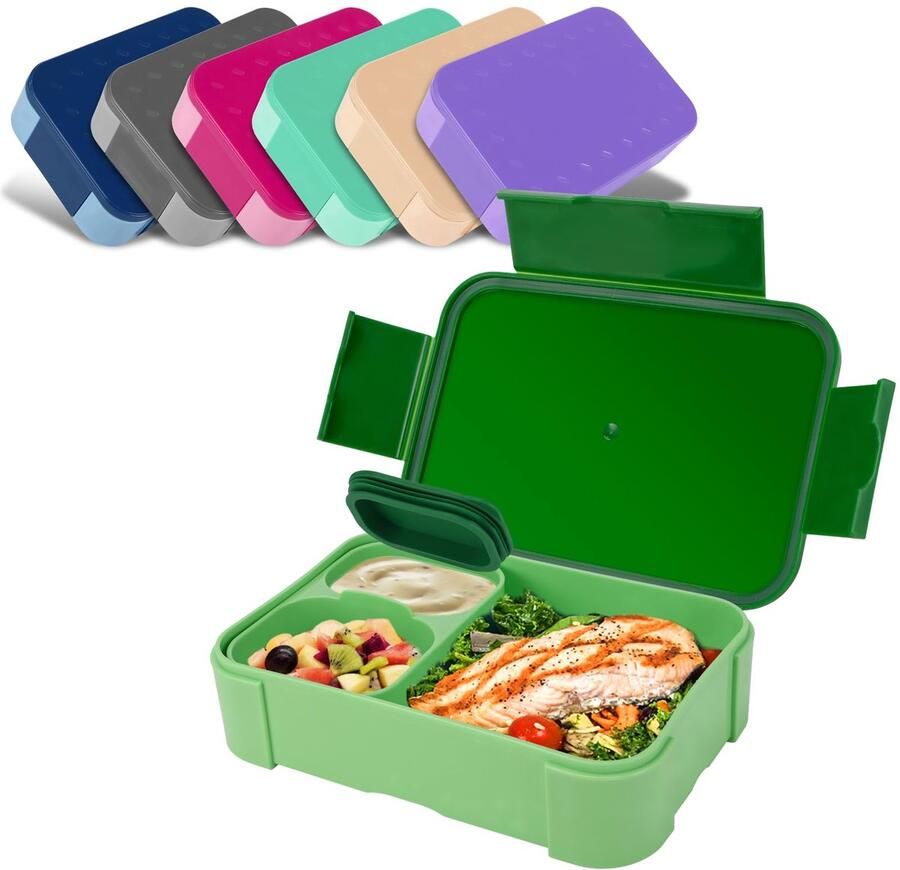 Broodtrommel voor kinderen met vakken 900 ml lekvrije lunchbox reis-lunchbox broodtrommel geschikt voor school picknick magnetron vaatwasmachinebestendig (groen)