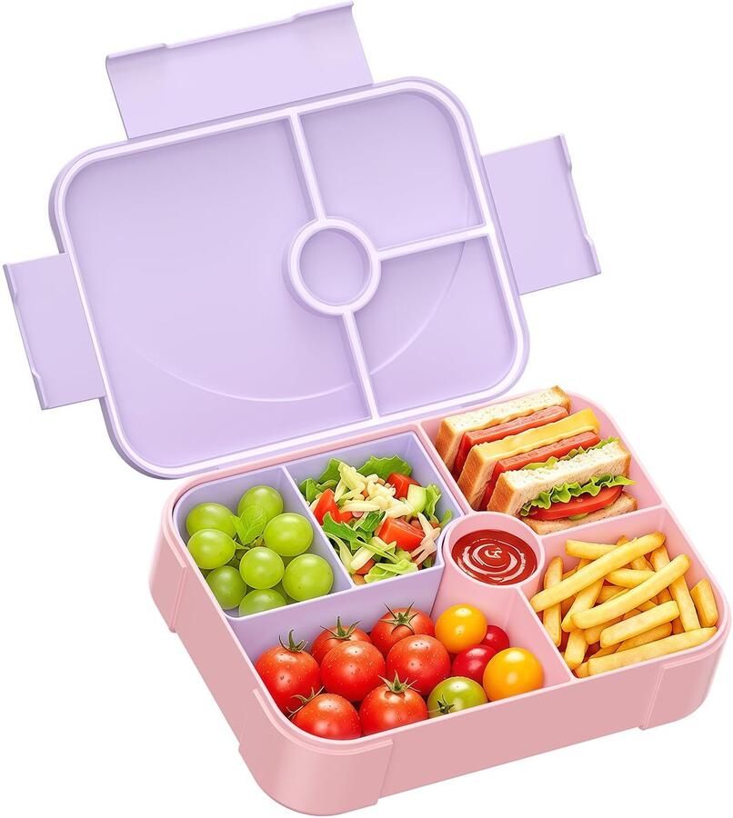 Broodtrommel voor kinderen met vakken lekvrij lunchbox bento box voor school kleuterschool (paars)