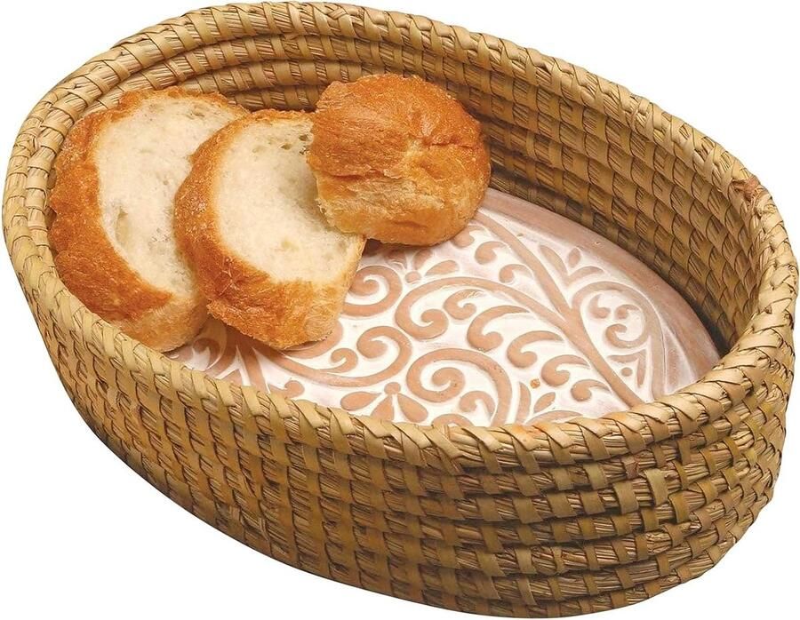 Broodwarmermand met steen Broodmand Rotimand Brood warm houden Met terracotta steen 31.8 cm lengte Natuurlijk rieten