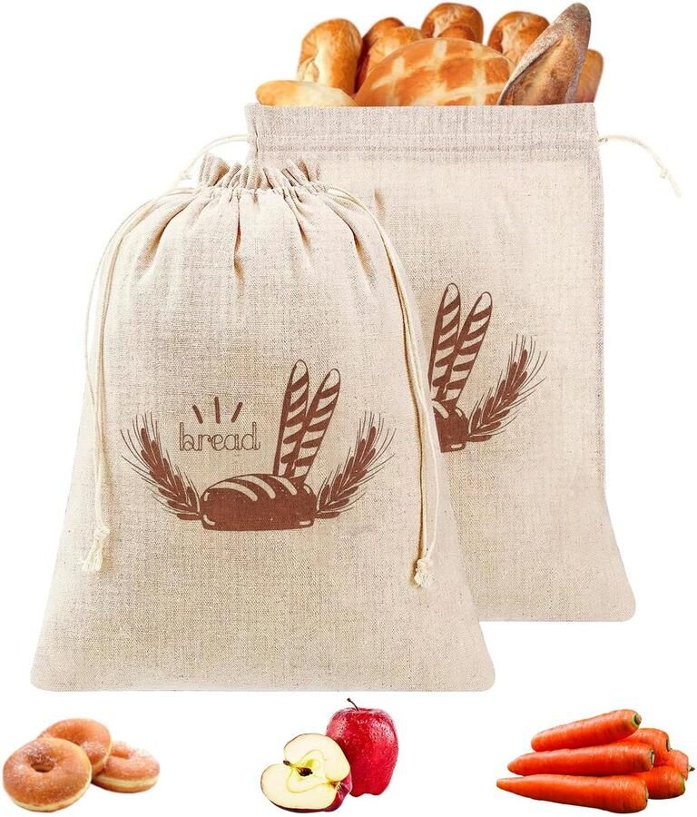 Broodzakken broodzak opslag 40 × 30 cm broodzak vers houden herbruikbare broodzak met trekkoord voor brood groenten en fruit