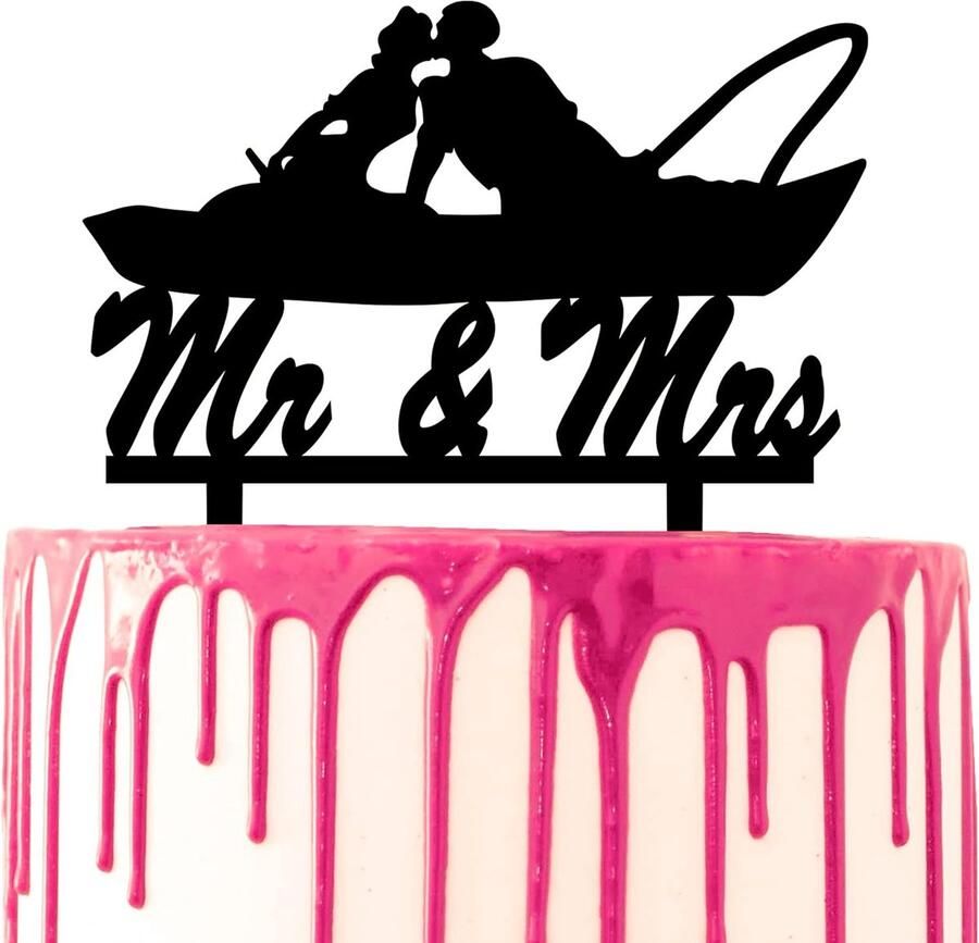 Bruidstaart Topper Bruidegom en bruid Kus Vissersboot Huwelijk Taart Thema Feest Mr. & Mrs.