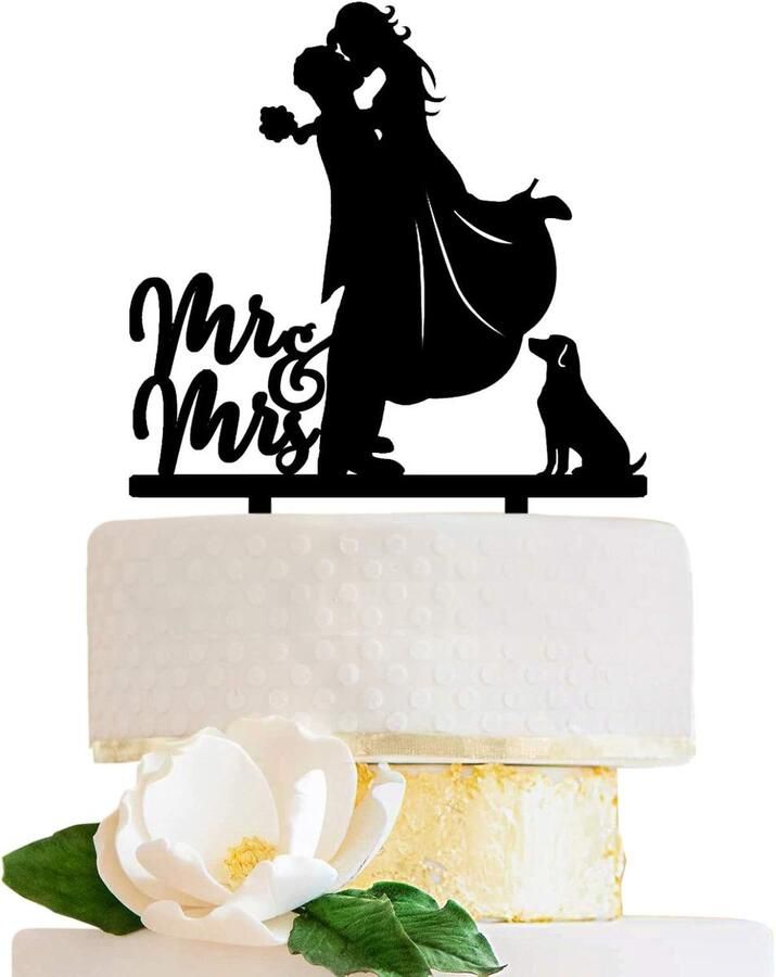 Bruidstaart topper met een hond zwarte bruid en bruidegom paar kussen taart decoratie geschenkdoos