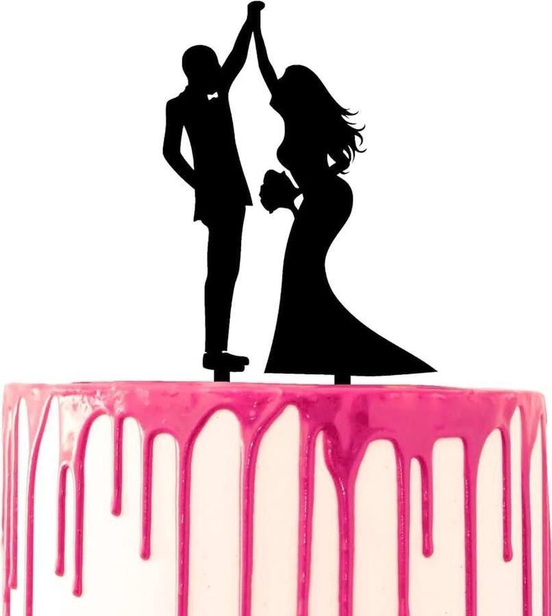 Bruiloft Cake Topper Bruidegom en Bruid hoge Vijf Leuke Casual Decoratieve Acryl Silhouet