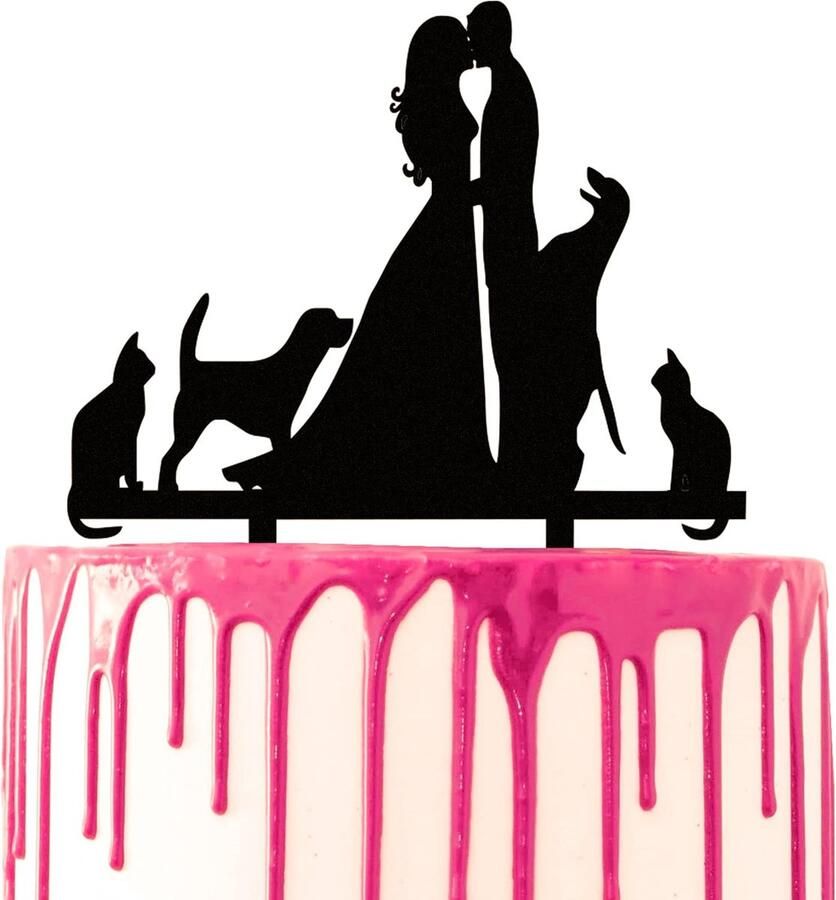 Bruiloft Cake Topper Huwelijk partij taart decoratieve Acryl taart decoratie twee honden twee katten dierenliefhebbers Bruidegom & Bruid Kus Cake Topper