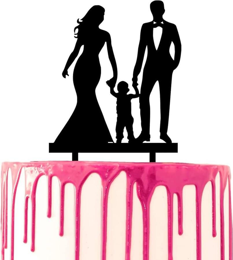 Bruiloft Cake Topper Huwelijk Verjaardag Cake Acryl Silhouet Decoratieve Paar hand in hand met zoon