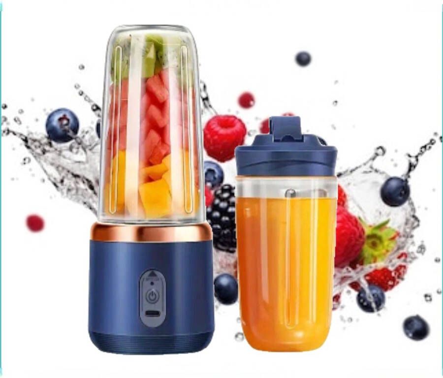 BSB ECom Mini Blender Inclusief GRATIS Cocktailrietje Blender To Go Smoothie Maker Draadloos Draagbaar Smoothies & Shakes 2 To -Go Bekers 400 ml USB Oplaadbaar -Blauw