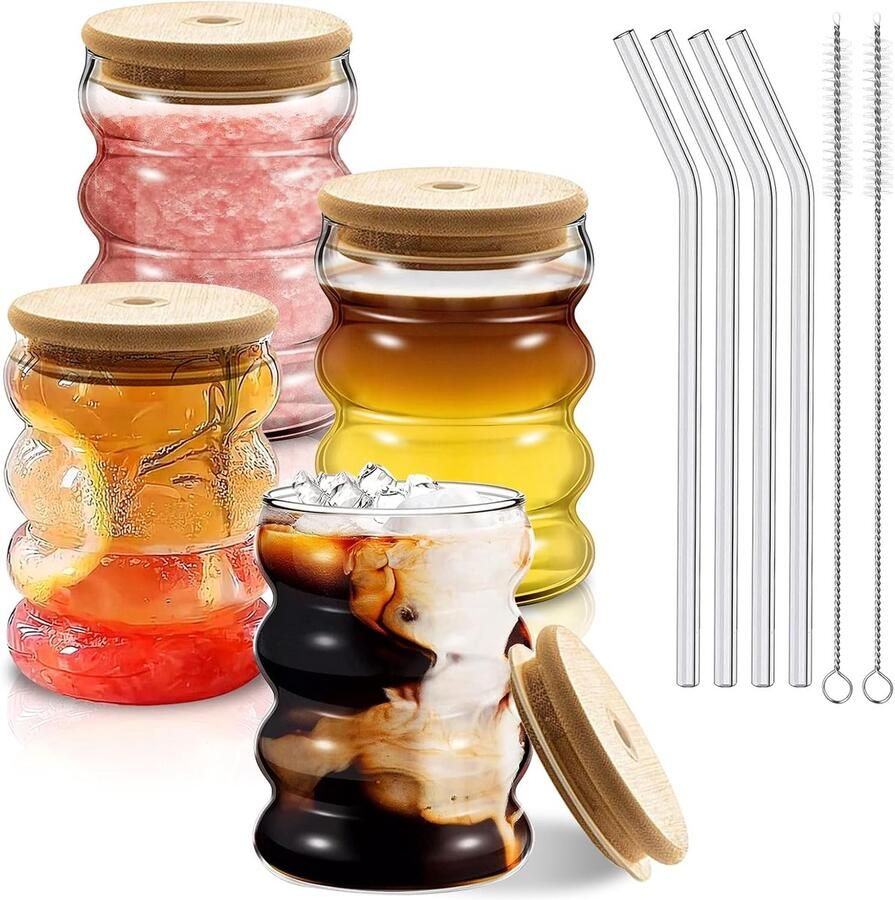 Bubble glazen 4 stuks latte macchiato-glazen 350 ml koffieglazen met deksel en rietje longdrinkglazen voor water melk frisdrank