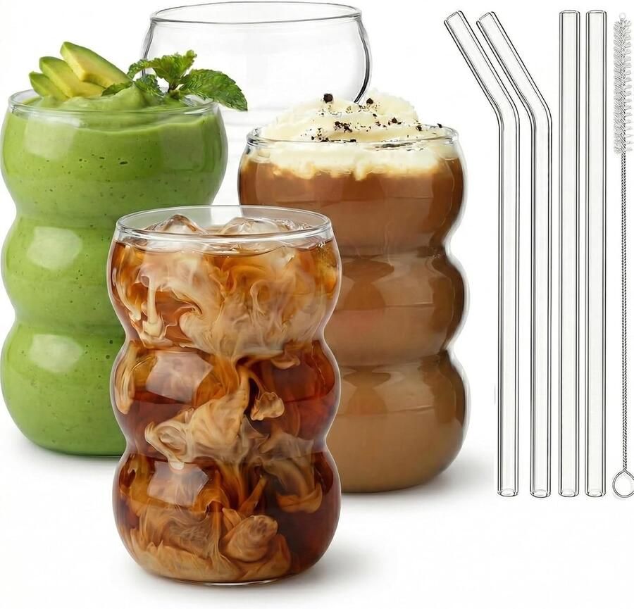 Bubble Glazen set van 4 x 550 ml koffieglazen drinkglazen waveglas latte macchiato-glazen ijskoffieglazen longdrinkglazen cocktailglazen