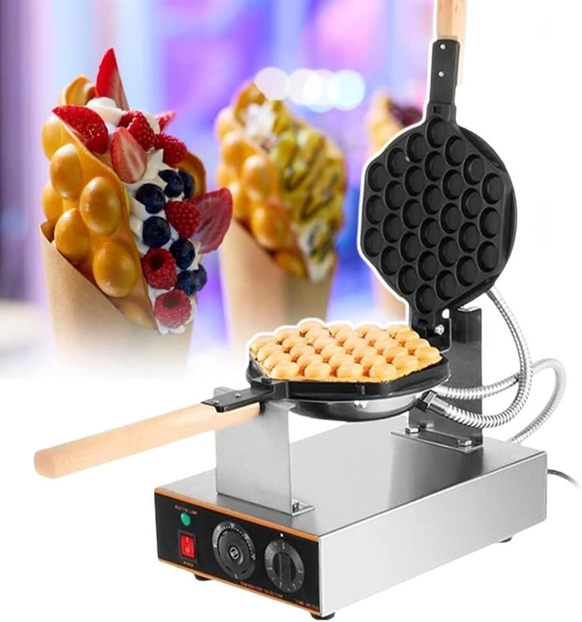 Bubble Wafelijzer Eierwafel Machine Wafels Bakken 180° Roterend 20x21.5 cm Bakplaat Zilver