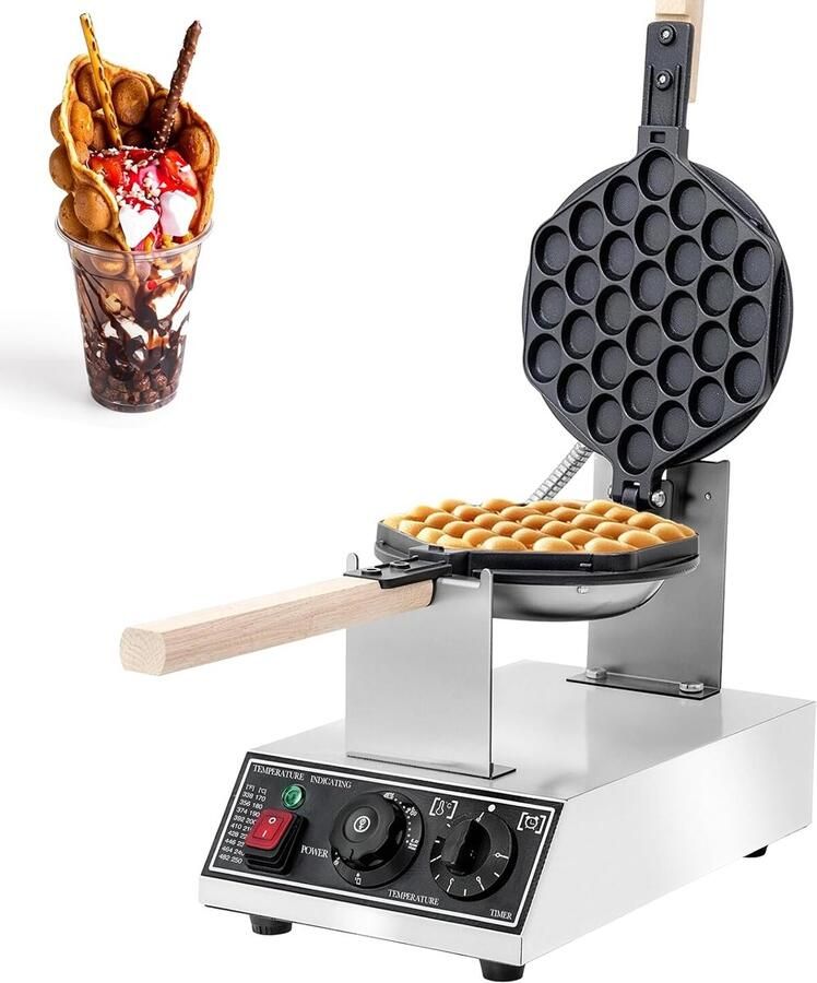 Bubble Wafelijzer Hong Kong Eiwafel Machine met 180° Draaibare Bakplaten Instelbare Temperatuur 50-250°C Timer 0-5 Min Anti-aanbaklaag voor Horeca Bakkerij en Foodtruck