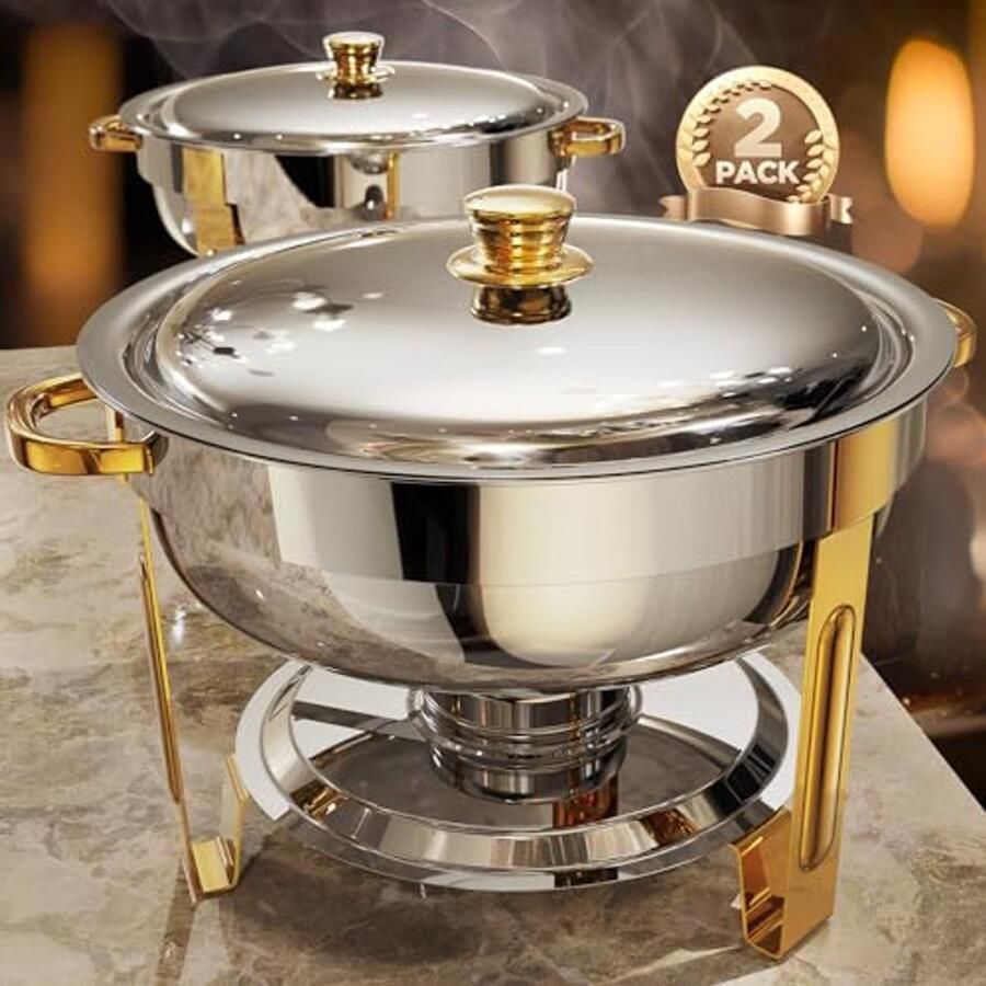 Buffet Chafing Dish Set 2-pack Elegante Ronde Voeding Warmers in Goud en Zilver 5QT