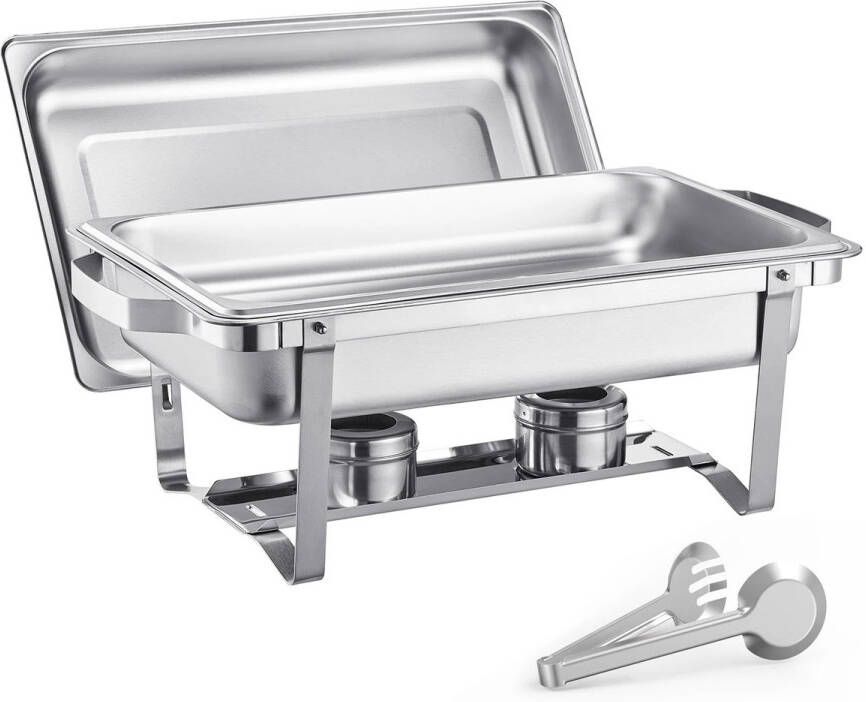 Buffet Chafing Dish Set 8L 4-delig RVS Warmhoudbakken 2 grote pannen 4 halve pannen Opvouwbaar Stapelbaar Cateringset Inclusief serveertang Zilver
