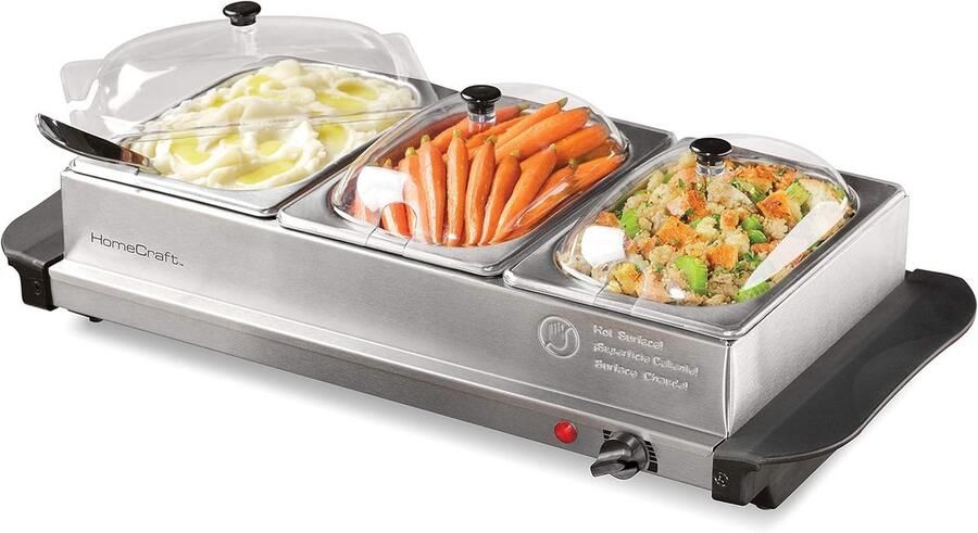 Buffet Server Warmhoudbak Feestelijk Eten Drie Separate Bakken 1.5 Liter RVS