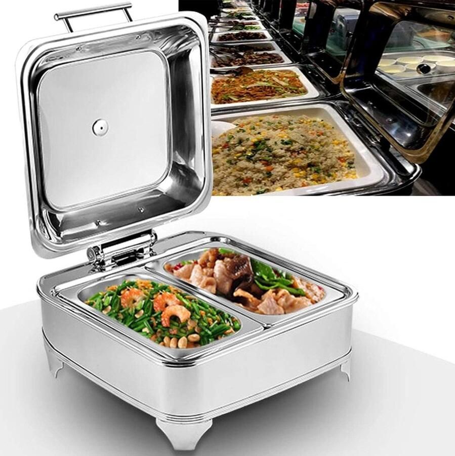 Buffet Set Voedsel Warmer Eten Warm Houden Geïntegreerde Verwarming 6L Inhoud Zilverkleurig
