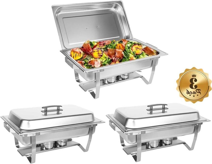 Buffet Set Voedsel Warmer Feesten Organiseren Roestvrij Staal 3 x 8QT Pannen Zilverkleurig