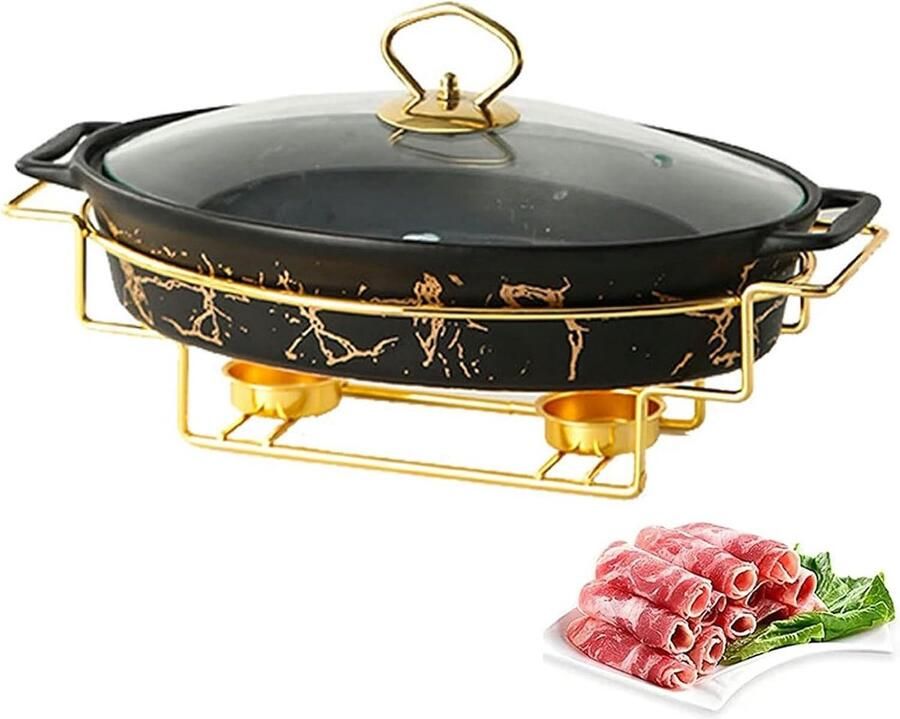 Buffet Set Warmhoudbak Set Eten Warm Houden Keramische Marmeren Afwerking M Medium Zwart