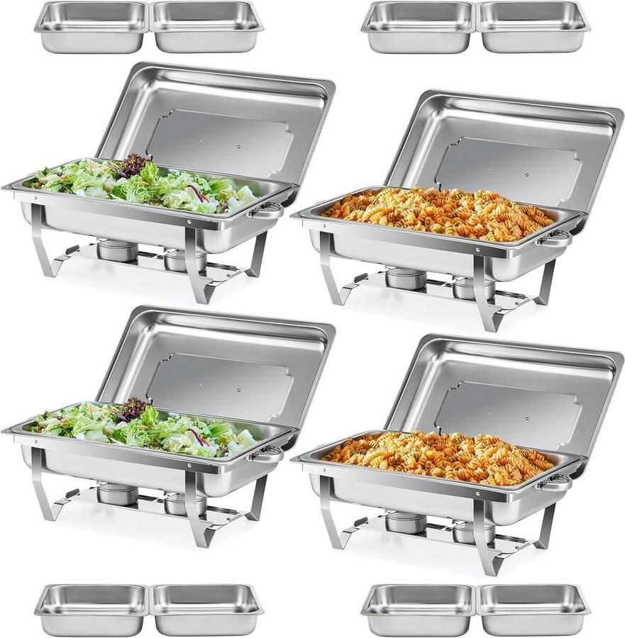 Buffet Set Warmhoudbakken Feestelijk Serveren Food Grade Staal 4x 9L Zilverkleurig
