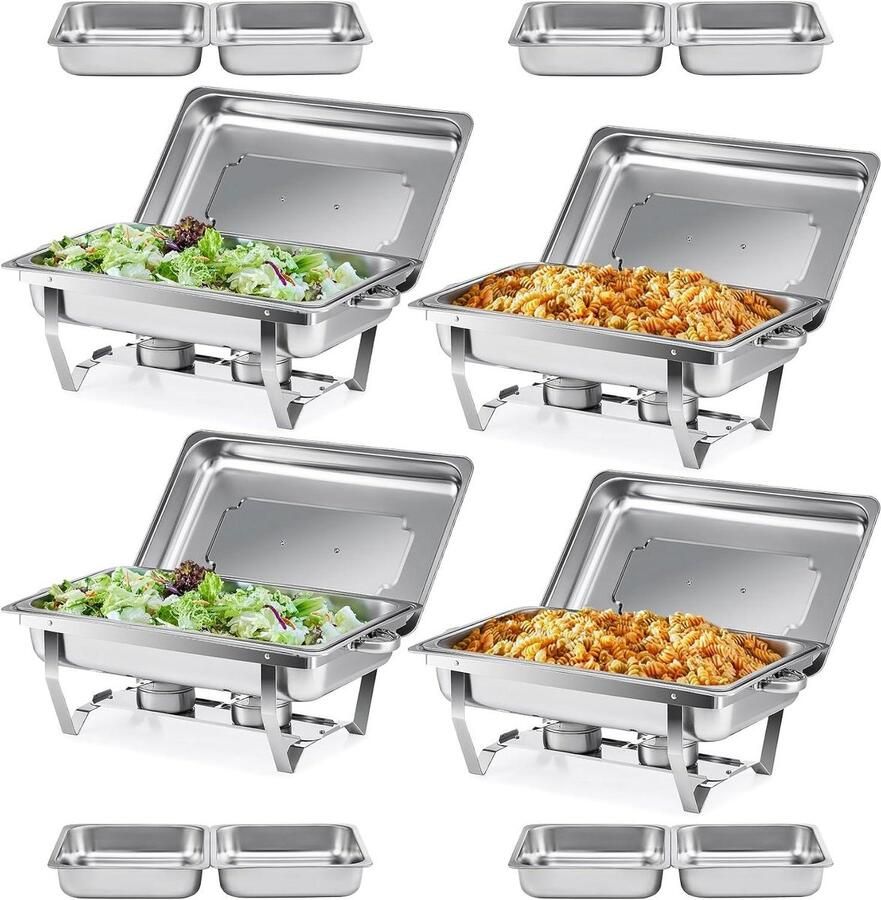 Buffet Set Warmhoudbakken Set Gerechten Warm Houden Voedselveilig Roestvrij Staal Set van 4 Zilverkleurig