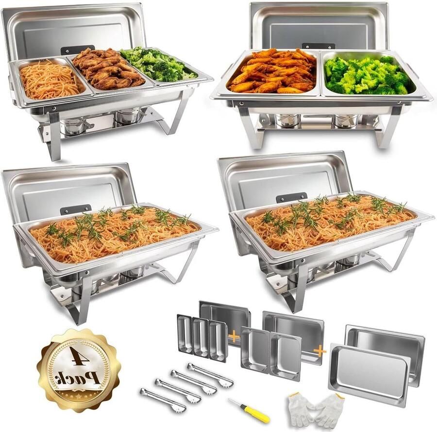 Buffet Set Warmhoudbakken Set Grote Maaltijden Serveren Inclusief Bakken 8 Liter Capaciteit Zilverkleurig