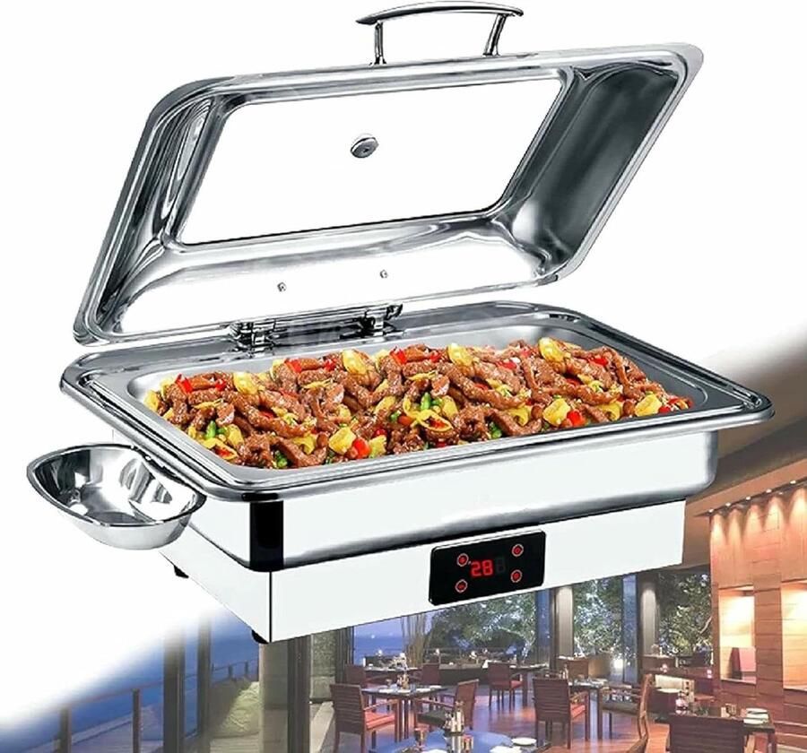 Buffet Verwarmer Chafing Dish Gerechten Warm Houden Instelbare Temperatuur 9L Inhoud Zilver