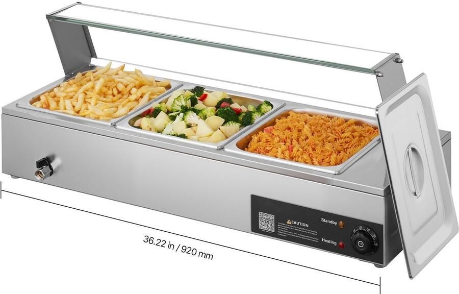 Buffet Voedselwarmer Bain-marie Waterbad 3x GN 1 2 Bakken Glazen Deksel 1 5 kW Vermogen RVS Voor Horeca & Feesten