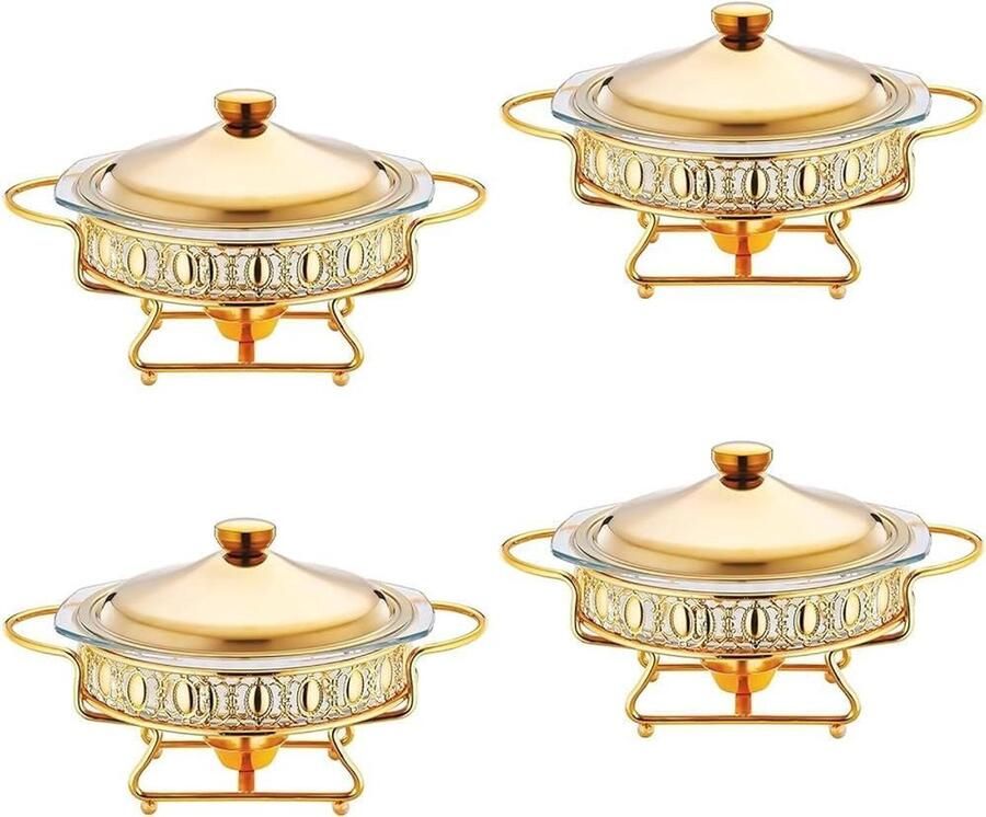 Buffet Warmers Set Chafing Dishes Gerechten Warm Houden Rond Glazen Ontwerp 2L Capaciteit Goud