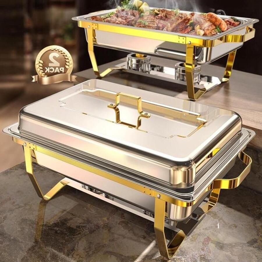 Buffet Warmers Set Voedselhouders Feesten Organiseren Rolled Edge Tech 2 x 9 Quarts Goud en Zilver