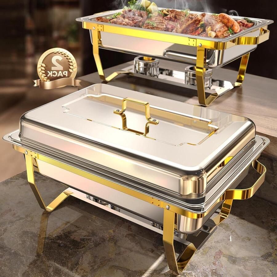 Buffet Warmers Set Voedselhouders Feesten Organiseren Rolled Edge Tech 2 x 9 Quarts Goud en Zilver