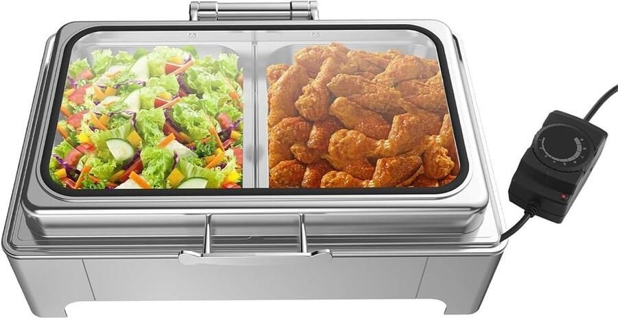Buffet Warmers Set Voedselverwarmer Serveer Feestelijke Gelegenheden Elektrische Temperatuurregeling 9L Capaciteit Zilver