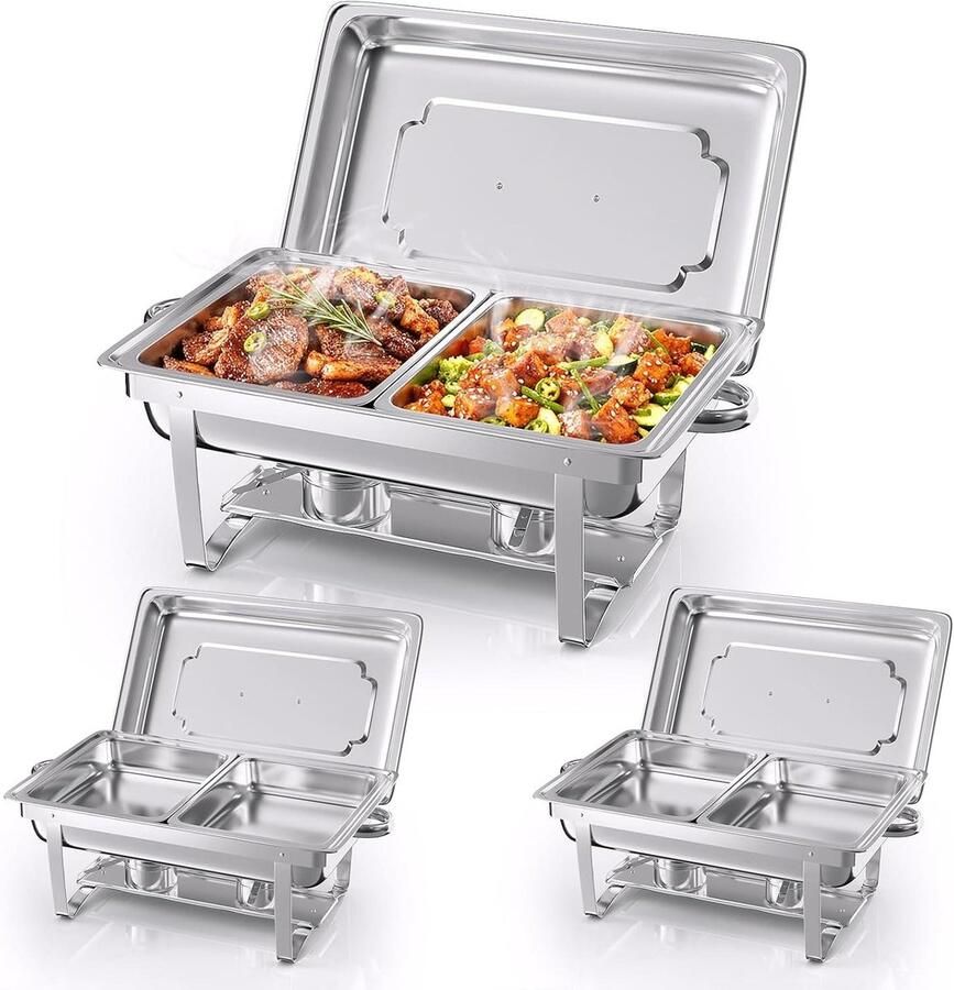 Buffet Warmhoud Sets Chafing Dish Eten Warm Houden Vouwbare Poten 3x 9 Liter Zilver