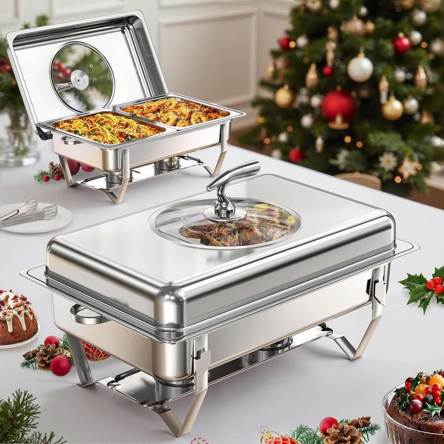 Buffet Warmhoudbak Chafing Dish Set Feesten en Partijen Zichtbaar Glazen Deksel 9QT 2 Pack Zilver