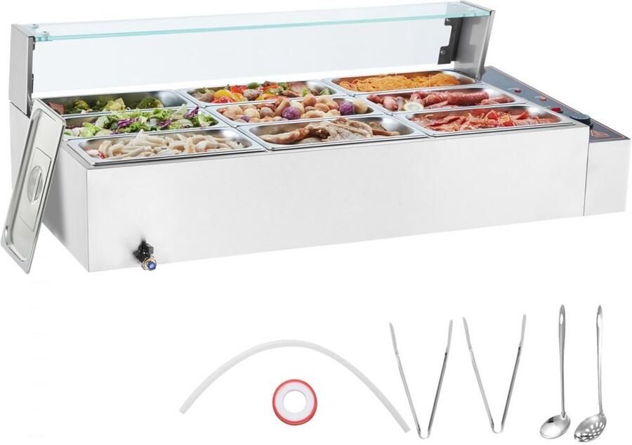 Buffet Warmhoudbak Elektrische Bain Marie Voedselverwarmer 9 Bakken GN 1 3 (ca. 4 7 L elk) 1500W 30-85°C Temperatuurregeling Glazen Deksel RVS Tafelmodel